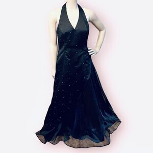 Vintage 90s Y2K Floor Long Black Satin Mesh‎ Rhinestones Halter Dress Sz 9